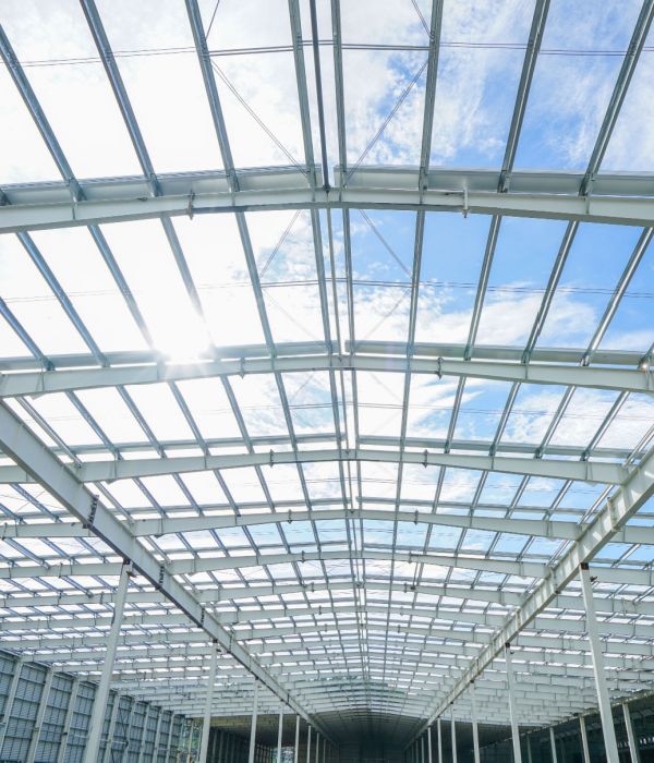 Steel structure roof truss under the construction building